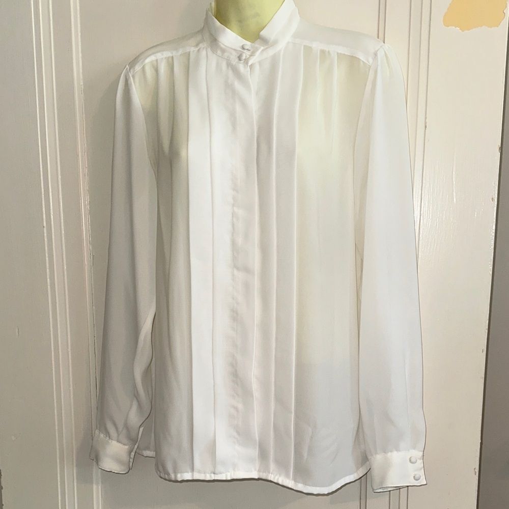 Vintage 70s/80s Astor One White High Neck Pleat‎ Front Long Sleeve Blouse